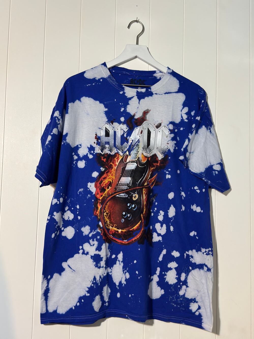 ACDC Devil Guitar on Fire Tie Dye Graphic Tee Blue White XL